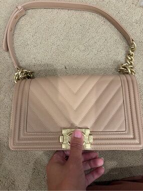 Women's Chevron Boy Quilted Shoulder Bag in Nude Pink with Gold Hardware